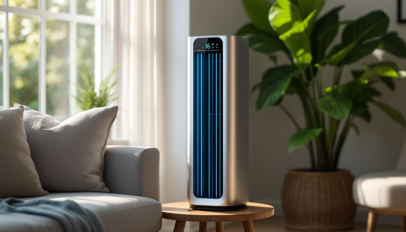 FrostWinner tower cooler on a side table in a living room